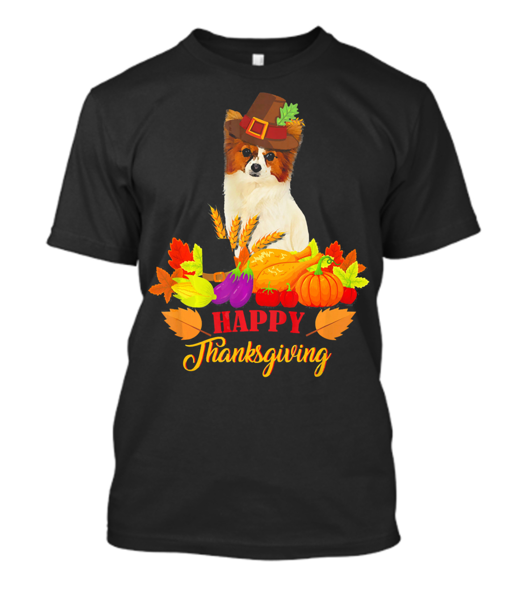 Papillon Happy Thanksgiving Harvest Festival Leaves Pumpkins Dog T-Shirt
