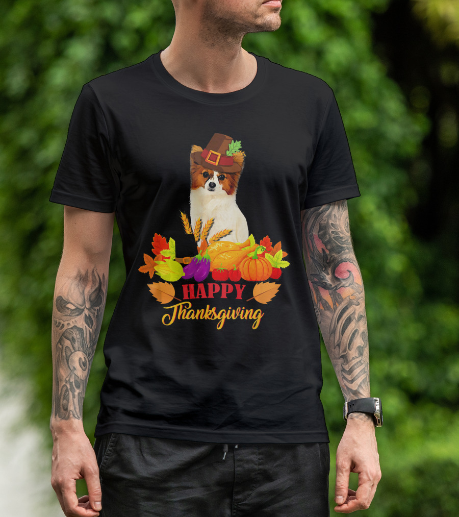 Papillon Happy Thanksgiving Harvest Festival Leaves Pumpkins Dog T-Shirt