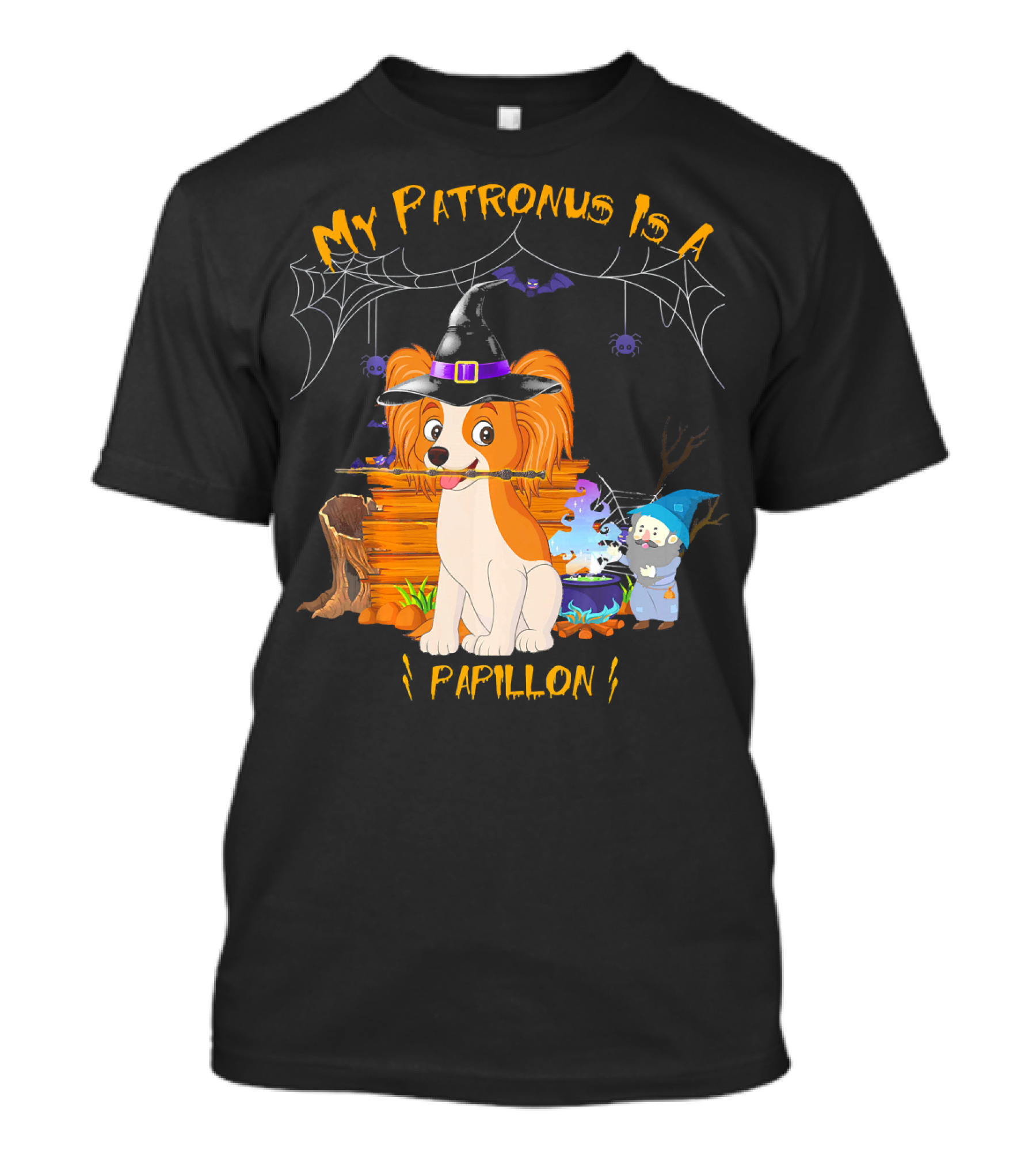 My Patronus Is A Papillon Witch Halloween Dog With Spiderweb And Cauldron T-Shirt