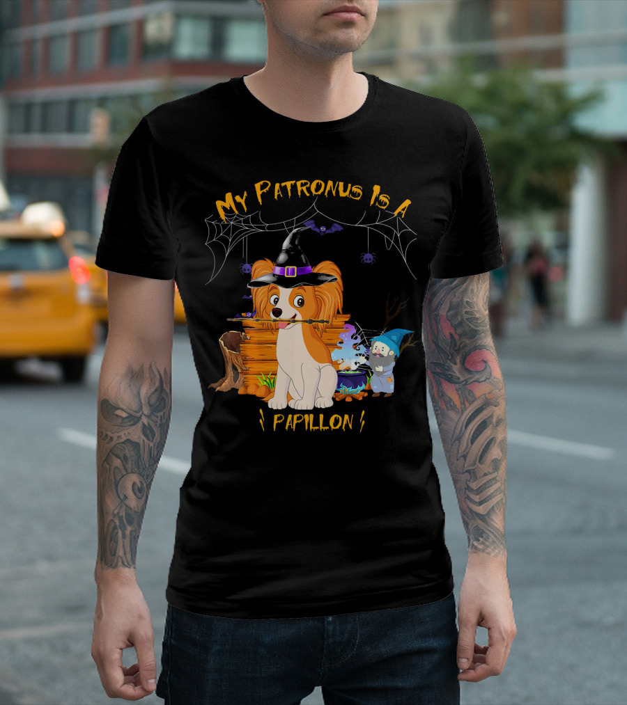 My Patronus Is A Papillon Witch Halloween Dog With Spiderweb And Cauldron T-Shirt