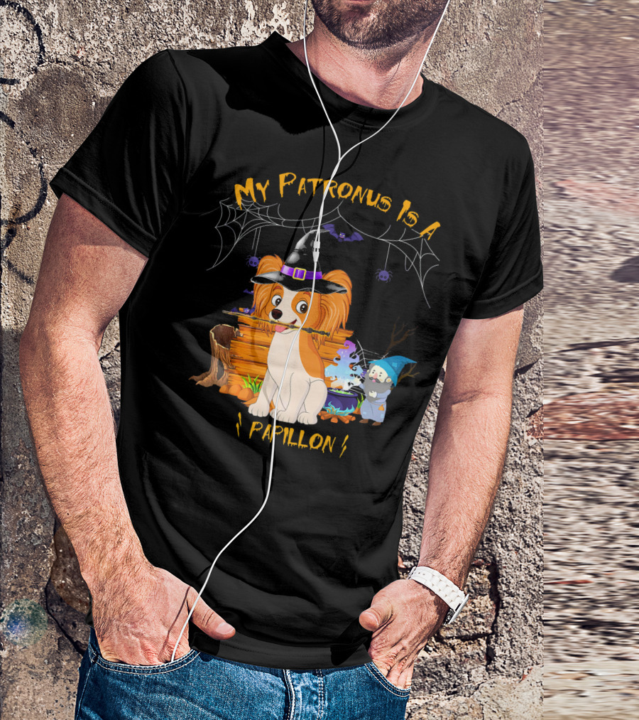 My Patronus Is A Papillon Witch Halloween Dog With Spiderweb And Cauldron T-Shirt