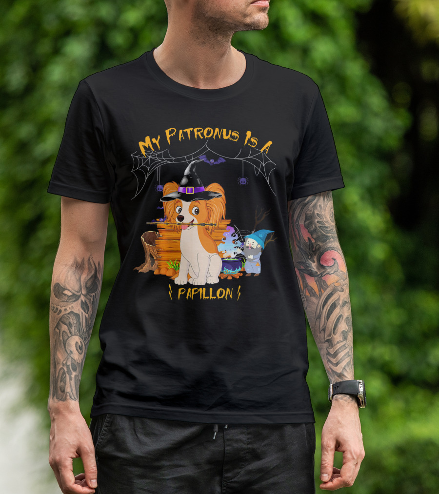 My Patronus Is A Papillon Witch Halloween Dog With Spiderweb And Cauldron T-Shirt