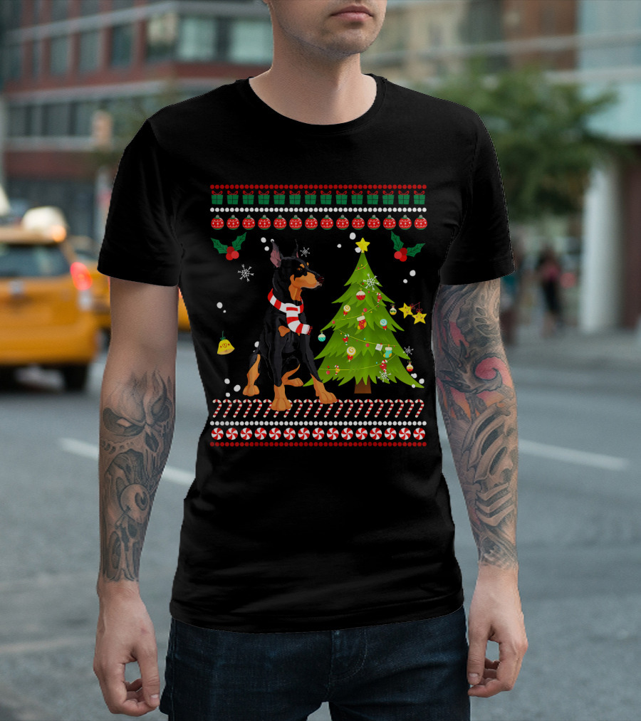Cute Doberman Christmas Pine Festive Sweater Dog T-Shirt