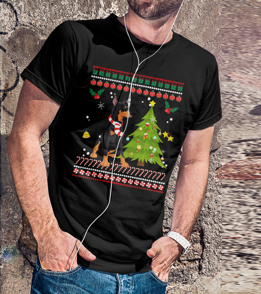 Cute Doberman Christmas Pine Festive Sweater Dog T-Shirt