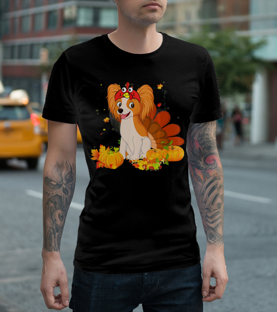 Papillon Dog in Turkey Outfit with Pumpkins and Autumn Leaves T-Shirt