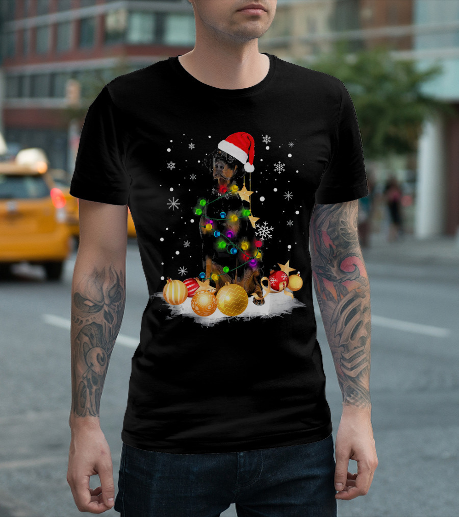 Christmas Doberman Dog Santa Hat Snowflakes Colorful Led Lights T-Shirt