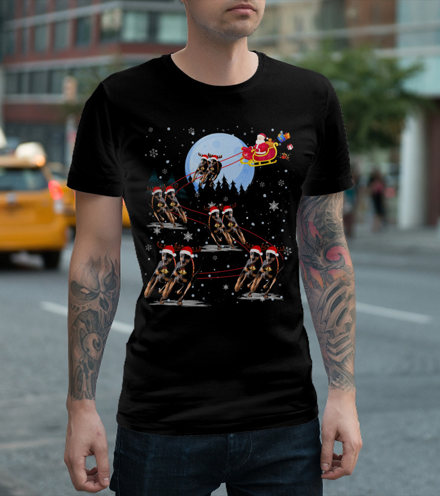 Doberman Pinscher Santa Reindeer Sleigh Under Moon T-Shirt