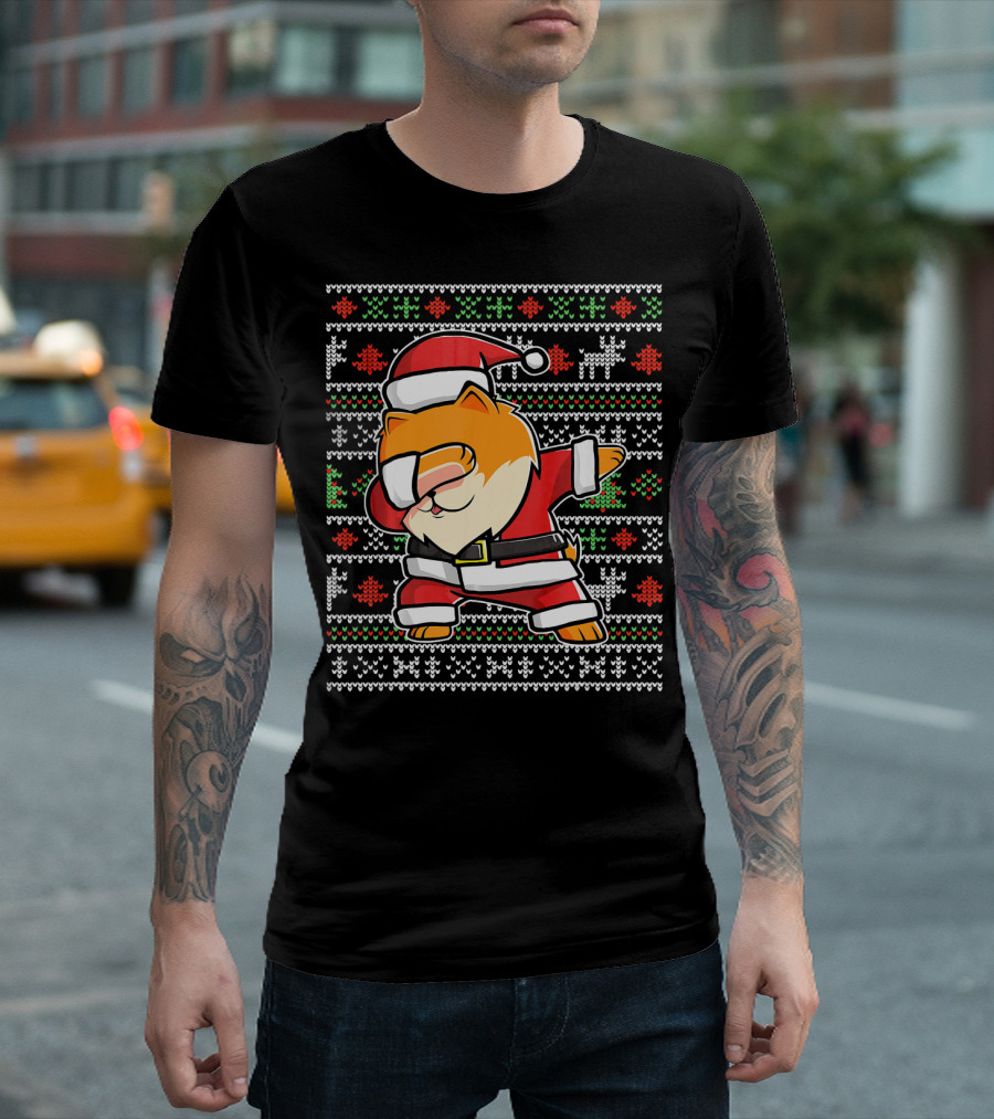 Pomeranian Dog Santa Hat Dabbing Ugly Christmas T-Shirt