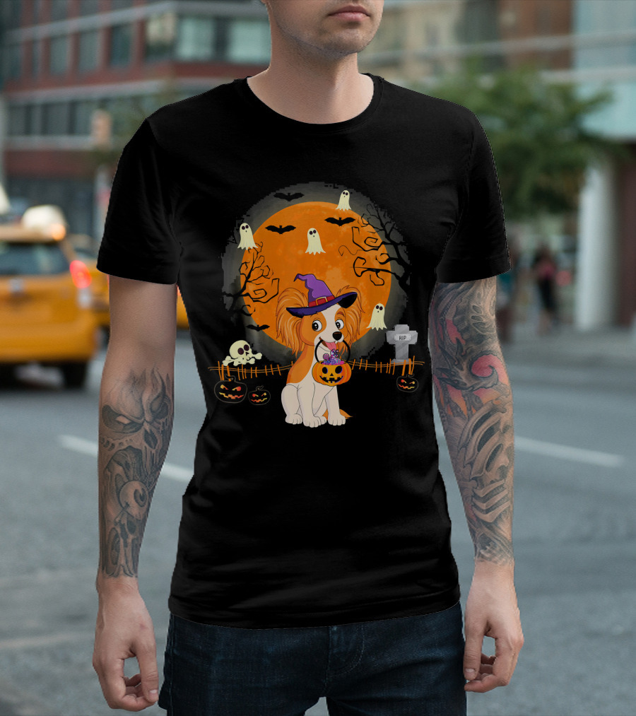 Papillon Dog Witch Halloween Pumpkin Ghosts Bats Graveyard Scene T-Shirt