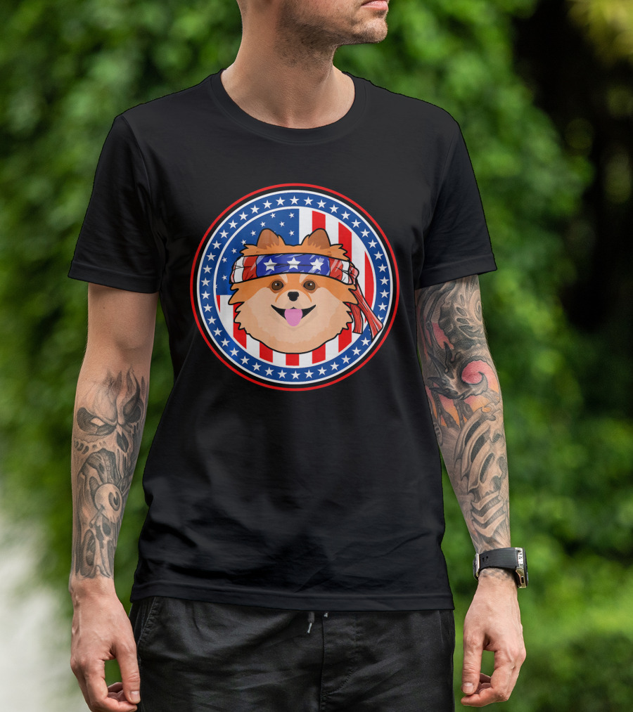 Pomeranian Dog Patriotic American Stars And Stripes Bandana T-Shirt