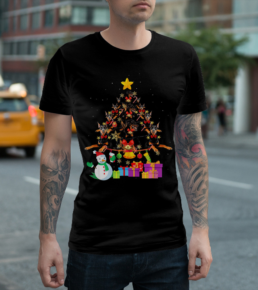 Doberman Christmas Tree with Snowman Presents Stars and Dog Lover Elements T-Shirt