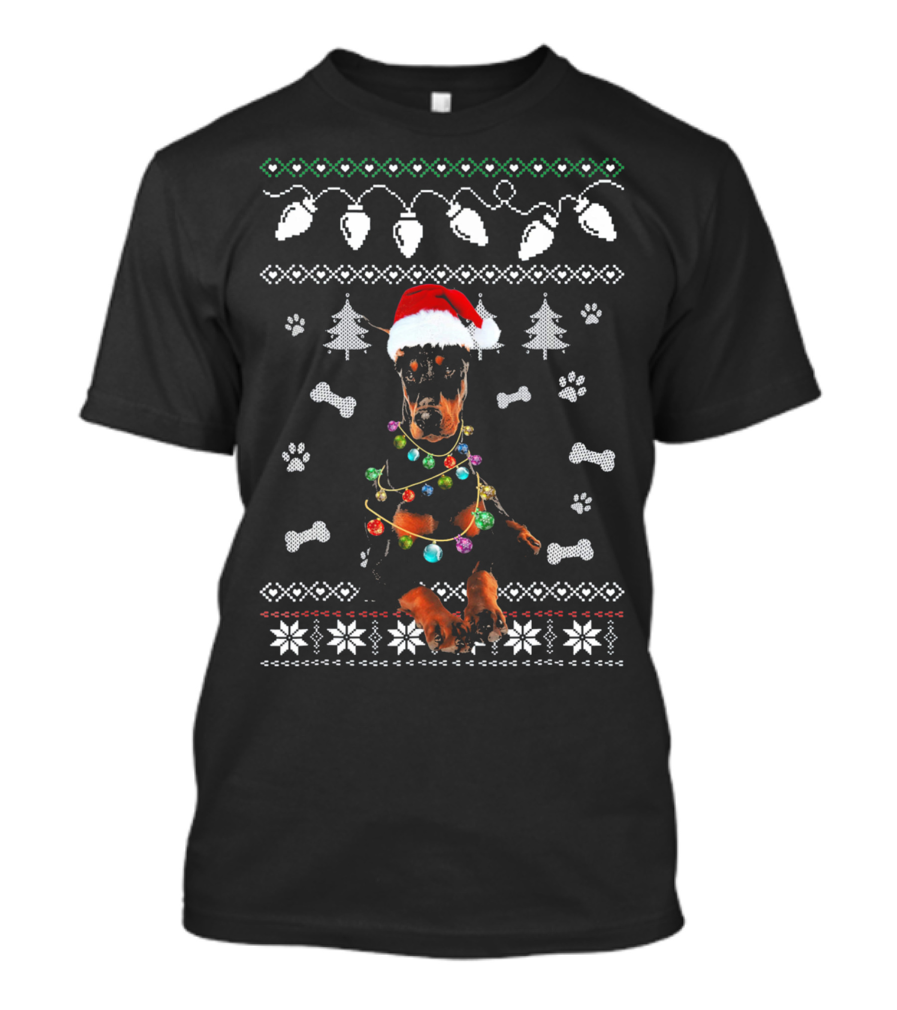 Doberman Christmas Dog With Santa Hat And Colorful Lights Ugly T-Shirt
