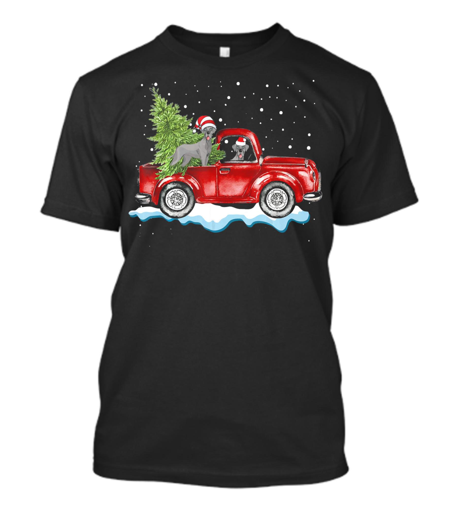 Red Truck Christmas Great Dane With Tree And Snowflakes T-Shirt