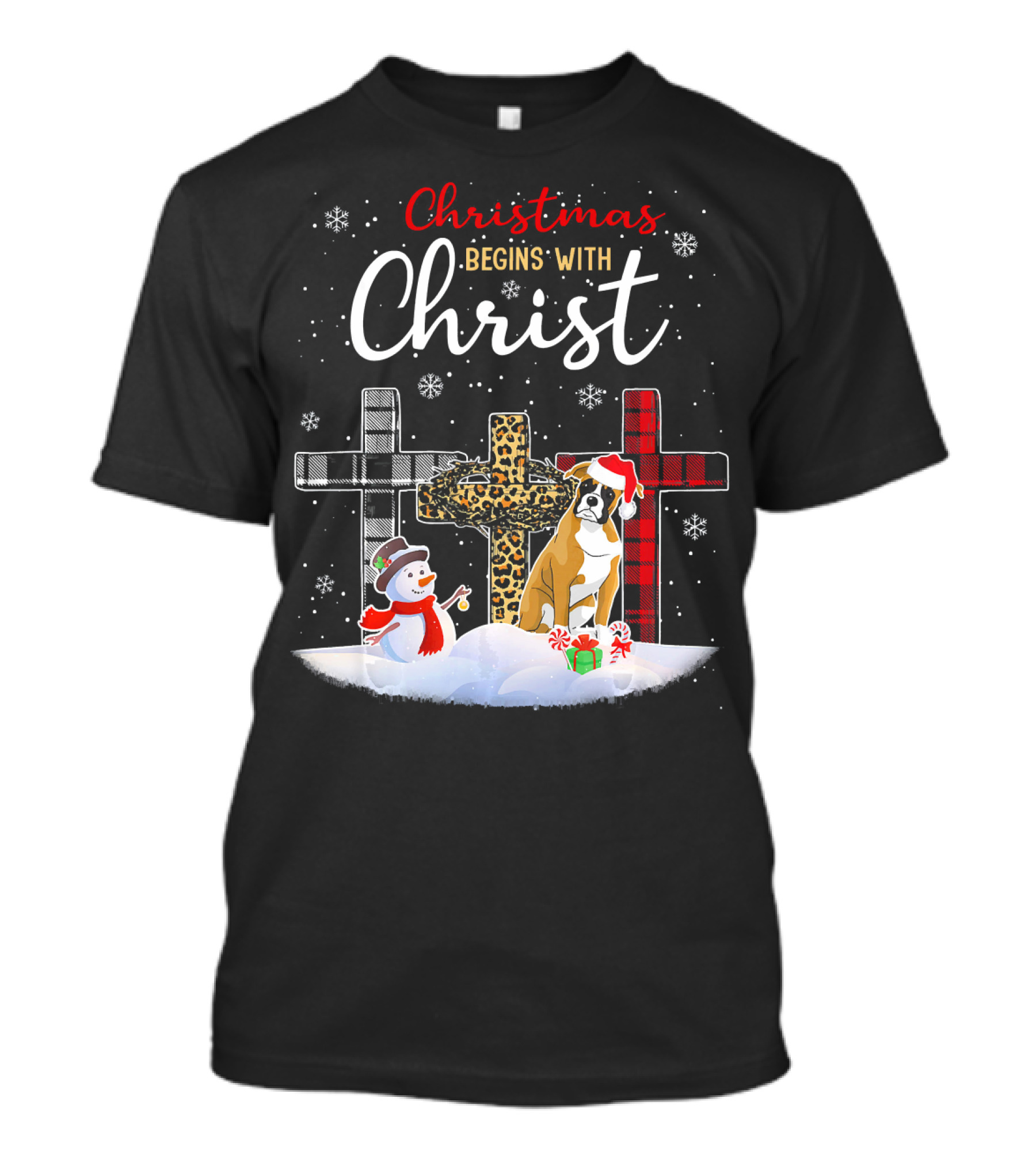 Christmas Begins With Christ Boxer Dog And Snowman Holiday Scene T-Shirt