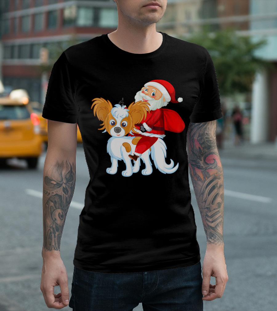 Papillon Dog with Santa Claus Christmas T-Shirt