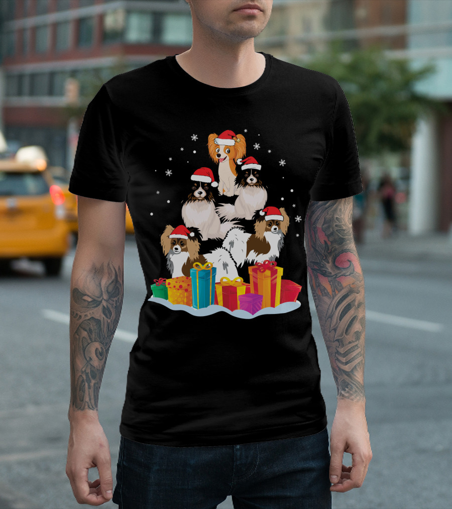 Papillon Dogs with Noel Hats Surrounded by Christmas Presents and Snowflakes T-Shirt