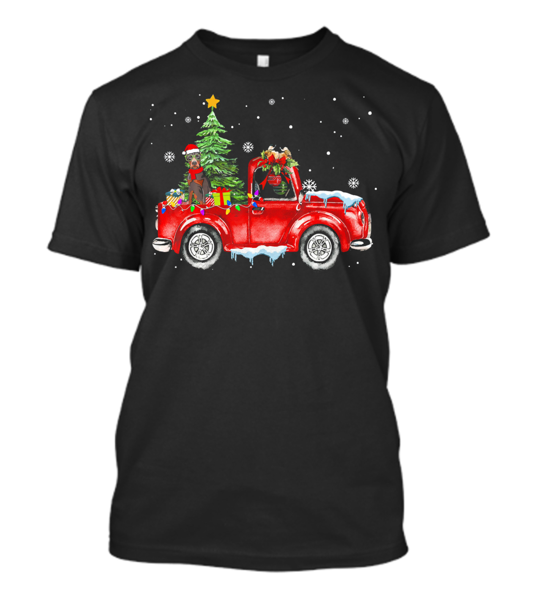 Doberman Dog Christmas Snow Scene In Festive Red Truck With Gifts And Christmas Tree T-Shirt