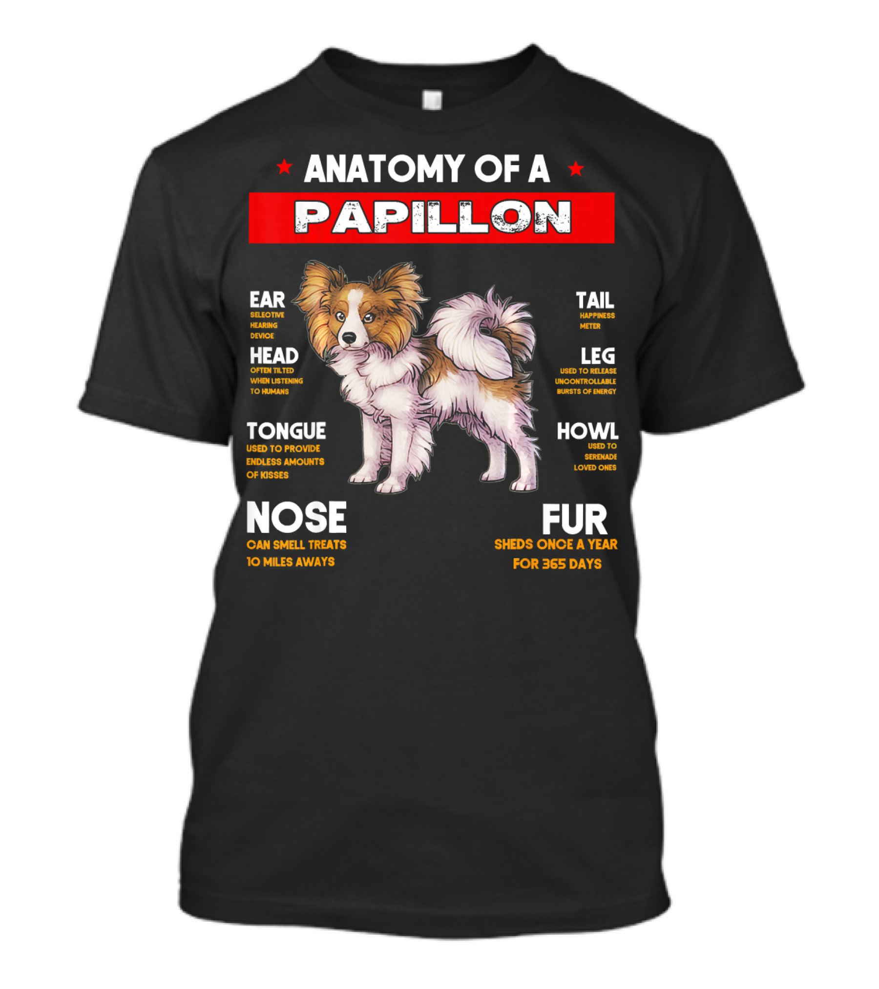 Anatomy Of A Papillon Ear Head Tongue Nose Tail Leg Howl Fur Dog Lovers T-Shirt