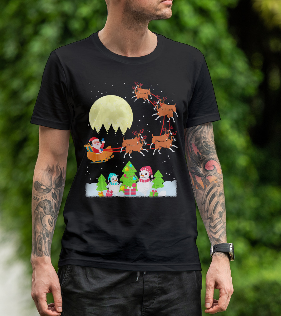 Boxer Reindeer Santa Sleigh Christmas Moon Snowman Gifts T-Shirt