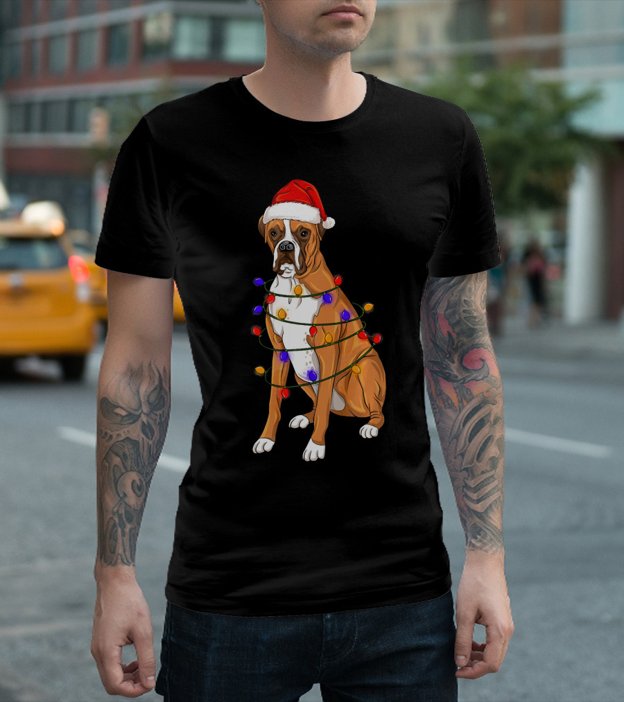 Boxer Dog Wearing Santa Hat Wrapped in Christmas Lights T-Shirt