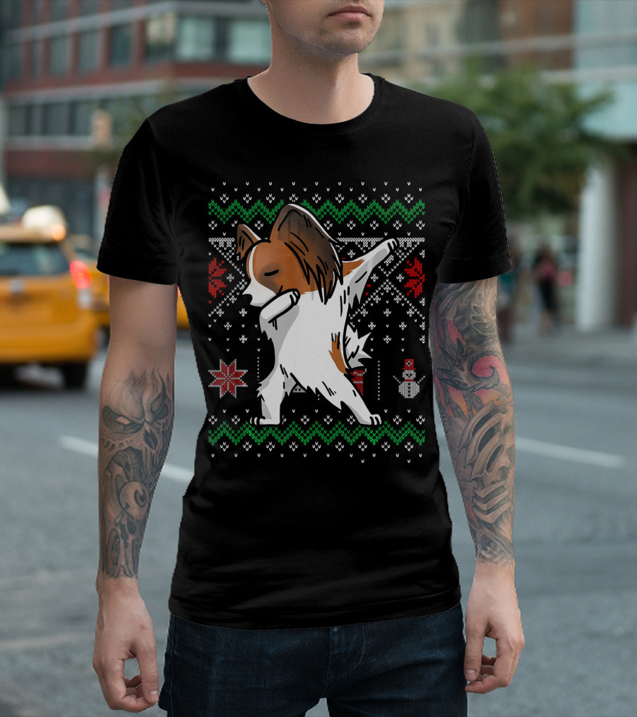Papillon Dabbing Ugly Christmas T-Shirt