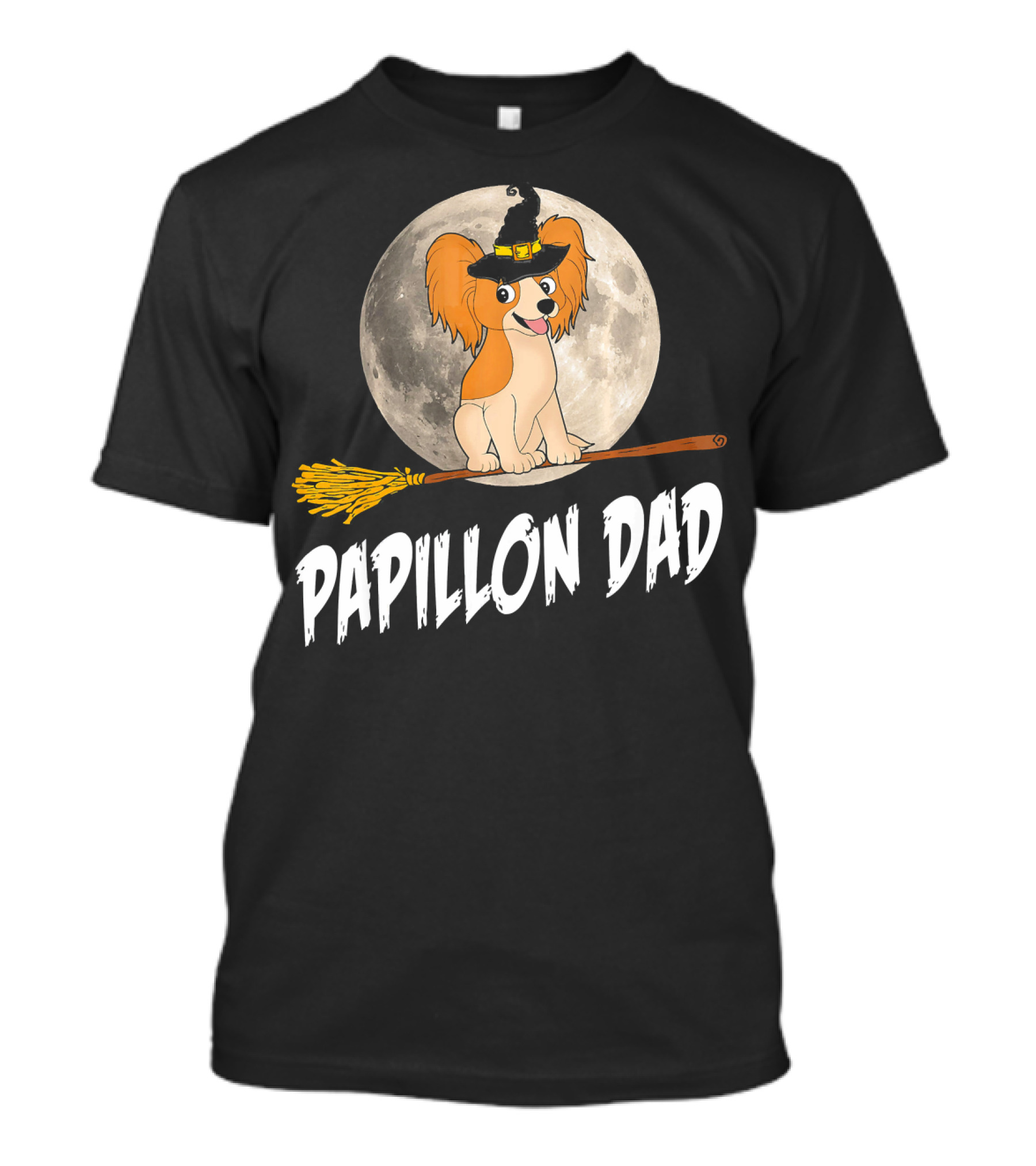 Papillon Dad Halloween Witch Broomstick Full Moon T-Shirt