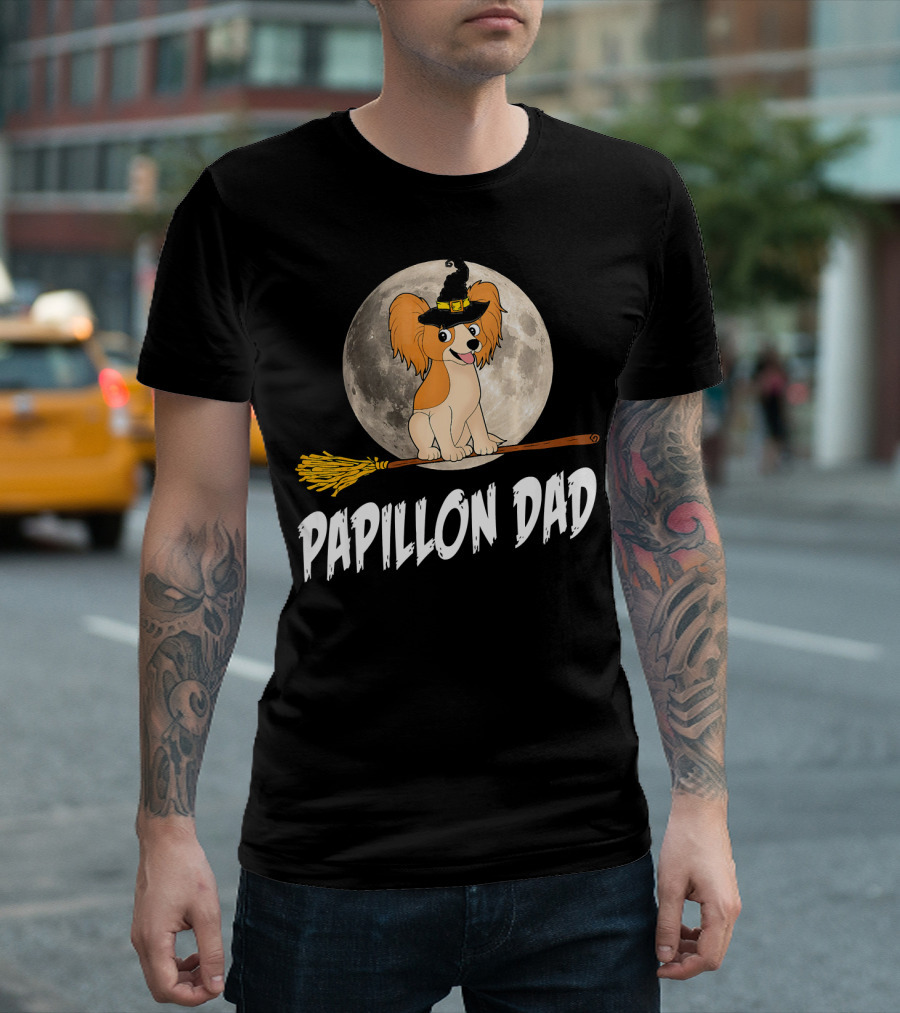 Papillon Dad Halloween Witch Broomstick Full Moon T-Shirt