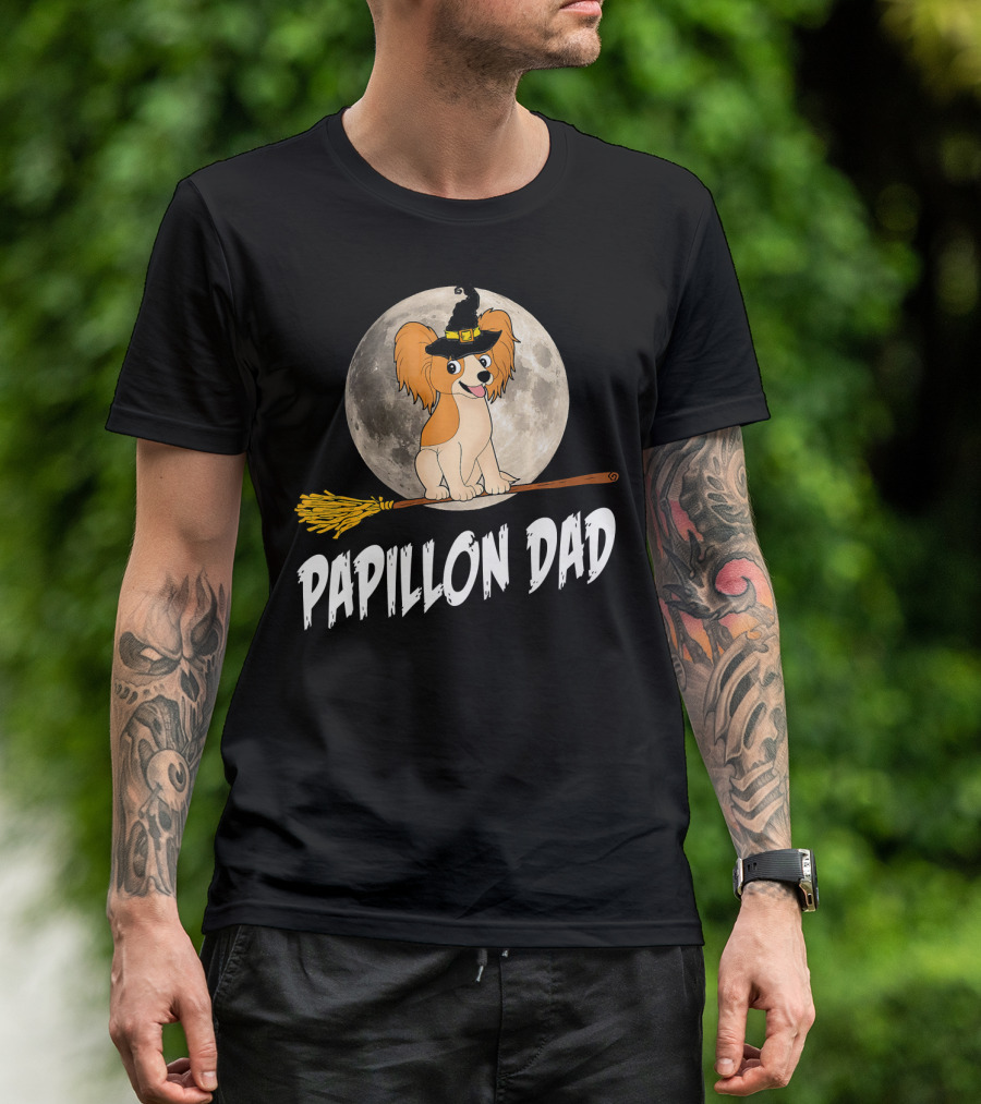 Papillon Dad Halloween Witch Broomstick Full Moon T-Shirt