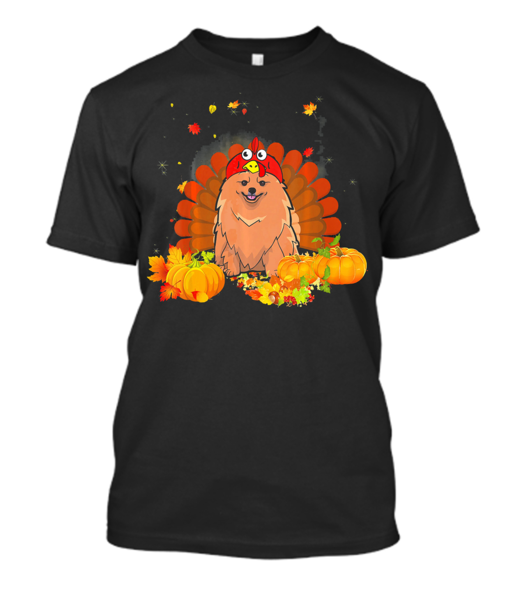 Pomeranian Turkey Hat Pumpkins Autumn Leaves Funny Dog T-Shirt