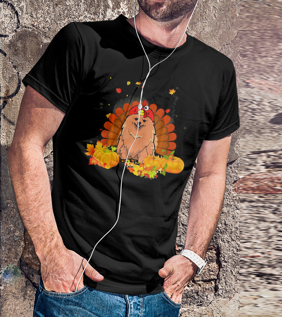Pomeranian Turkey Hat Pumpkins Autumn Leaves Funny Dog T-Shirt