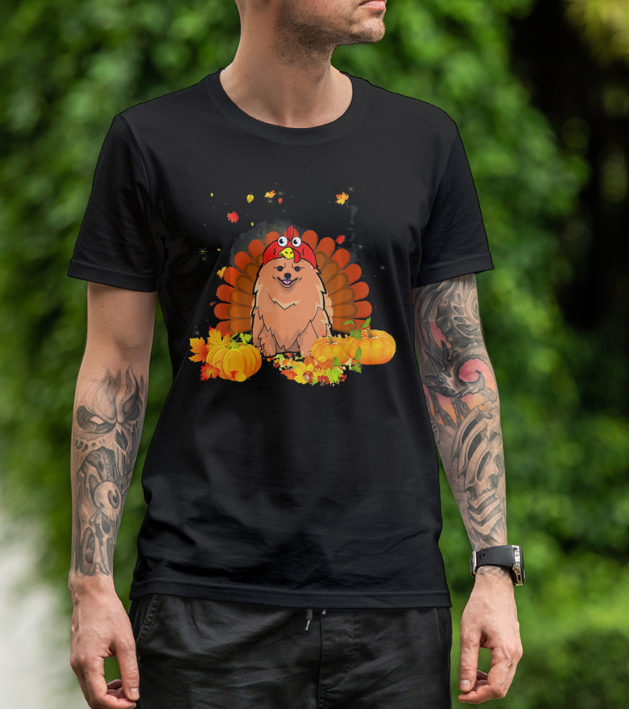 Pomeranian Turkey Hat Pumpkins Autumn Leaves Funny Dog T-Shirt