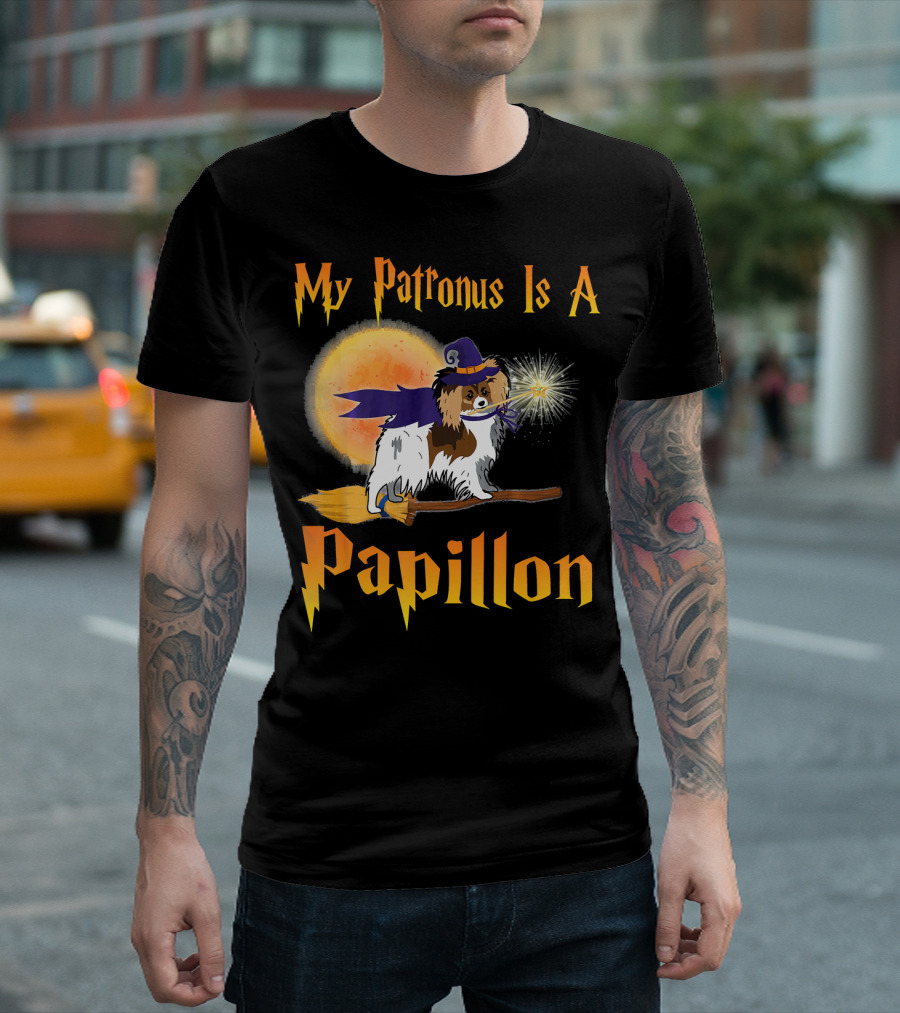 My Patronus Is a Papillon Witch Flying Broom Moon T-Shirt