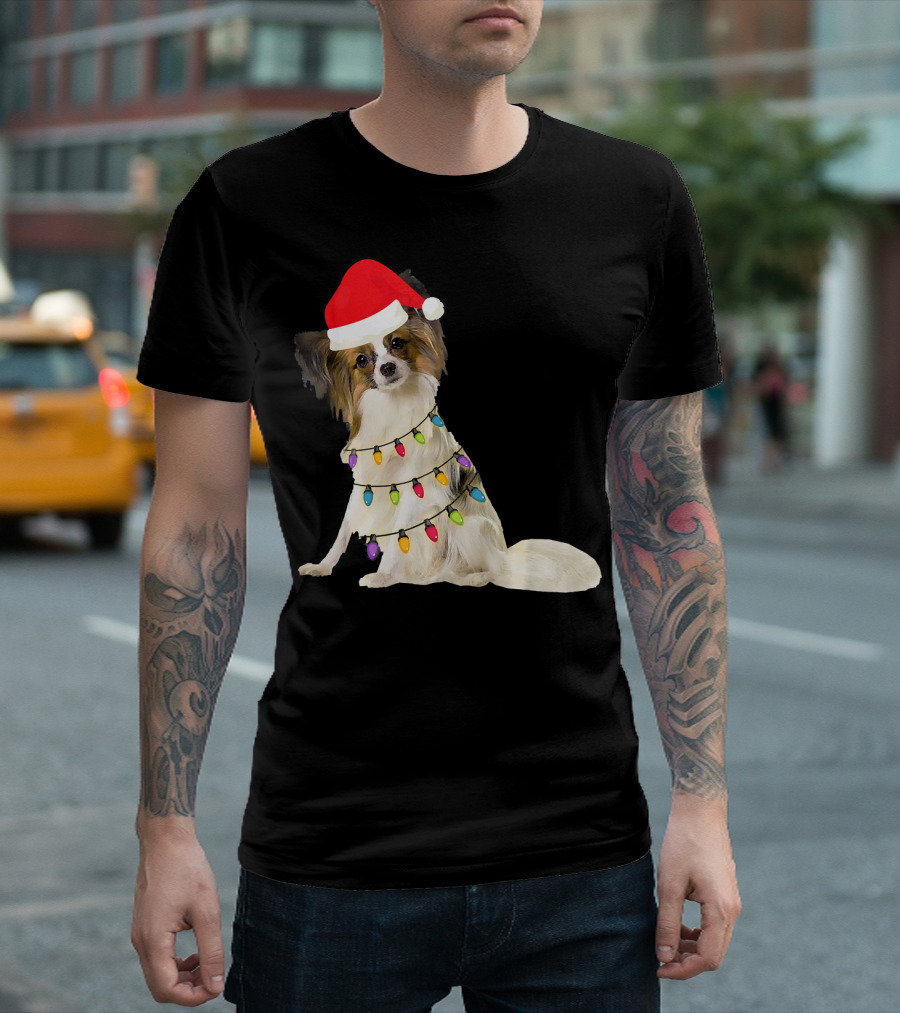 Papillon Christmas Light Dog with Santa Hat T-Shirt