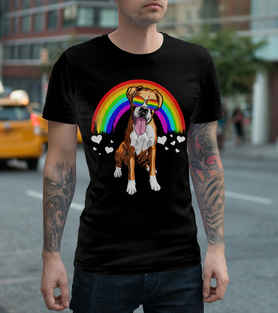 Boxer Dog Rainbow Sunglasses Hearts Gay Pride T-Shirt