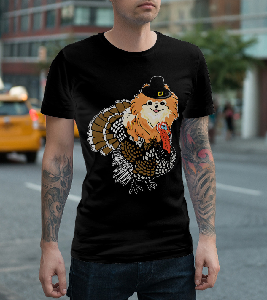 Pomeranian Pilgrim Dog Riding Turkey T-Shirt