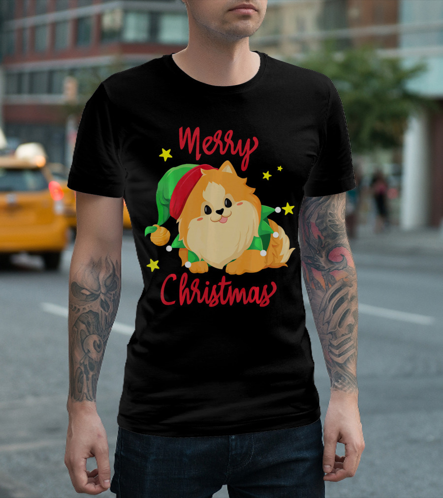 Aneisha Merry Christmas Pomeranian with Green and Red Elf Hat T-Shirt