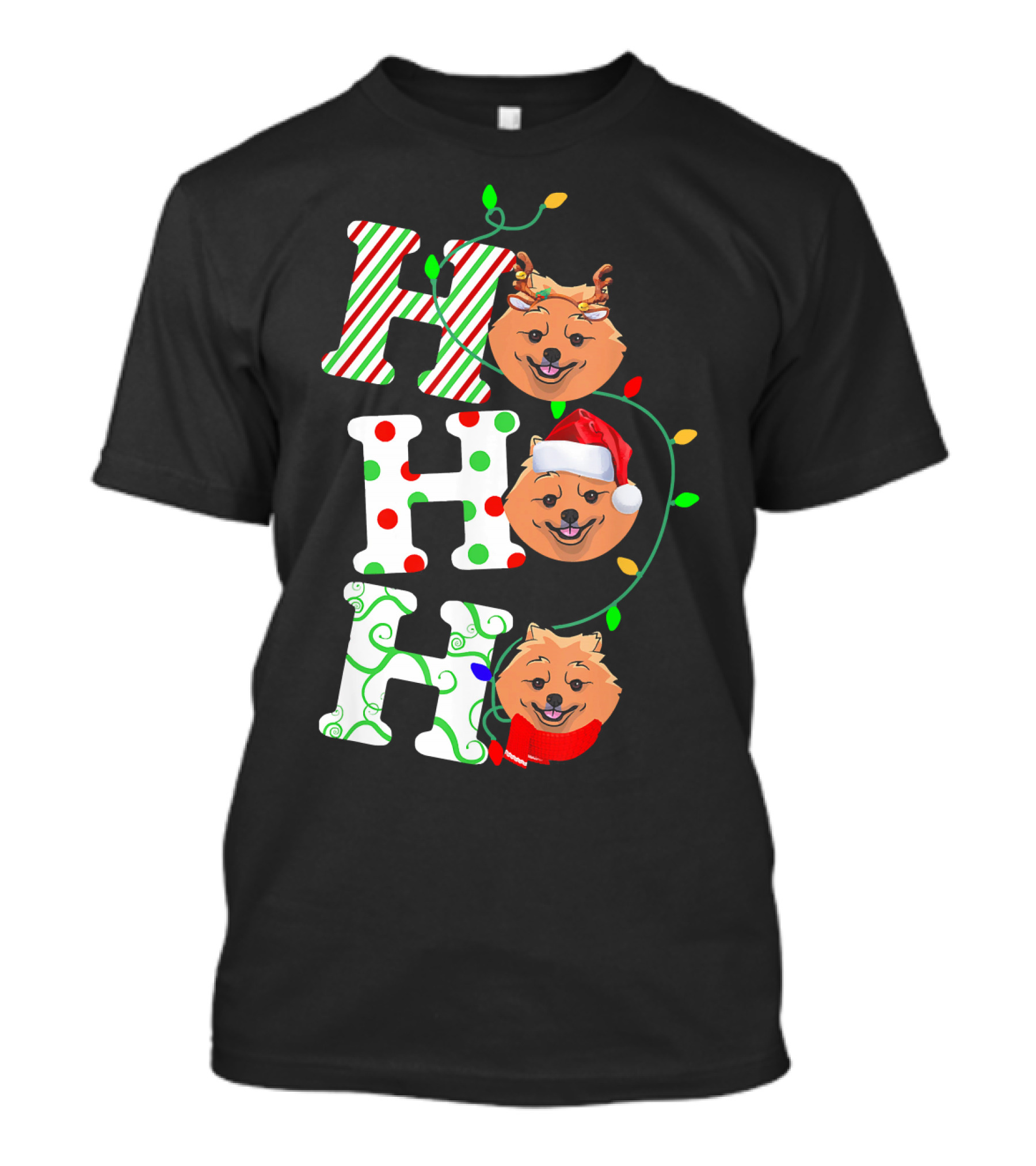 Pomeranian Ho Ho Ho Santa Hat With Reindeer And Festive Lights T-Shirt
