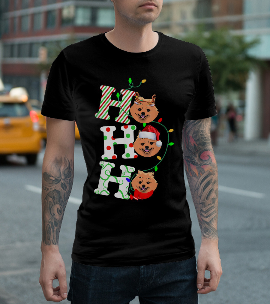 Pomeranian Ho Ho Ho Santa Hat With Reindeer And Festive Lights T-Shirt
