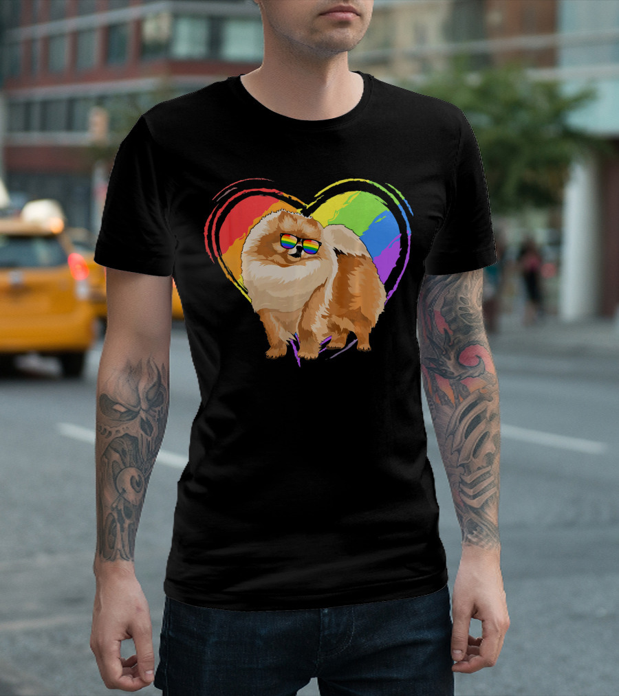 Pomeranian Dog Lover with Rainbow Heart and Glasses Pride T-Shirt