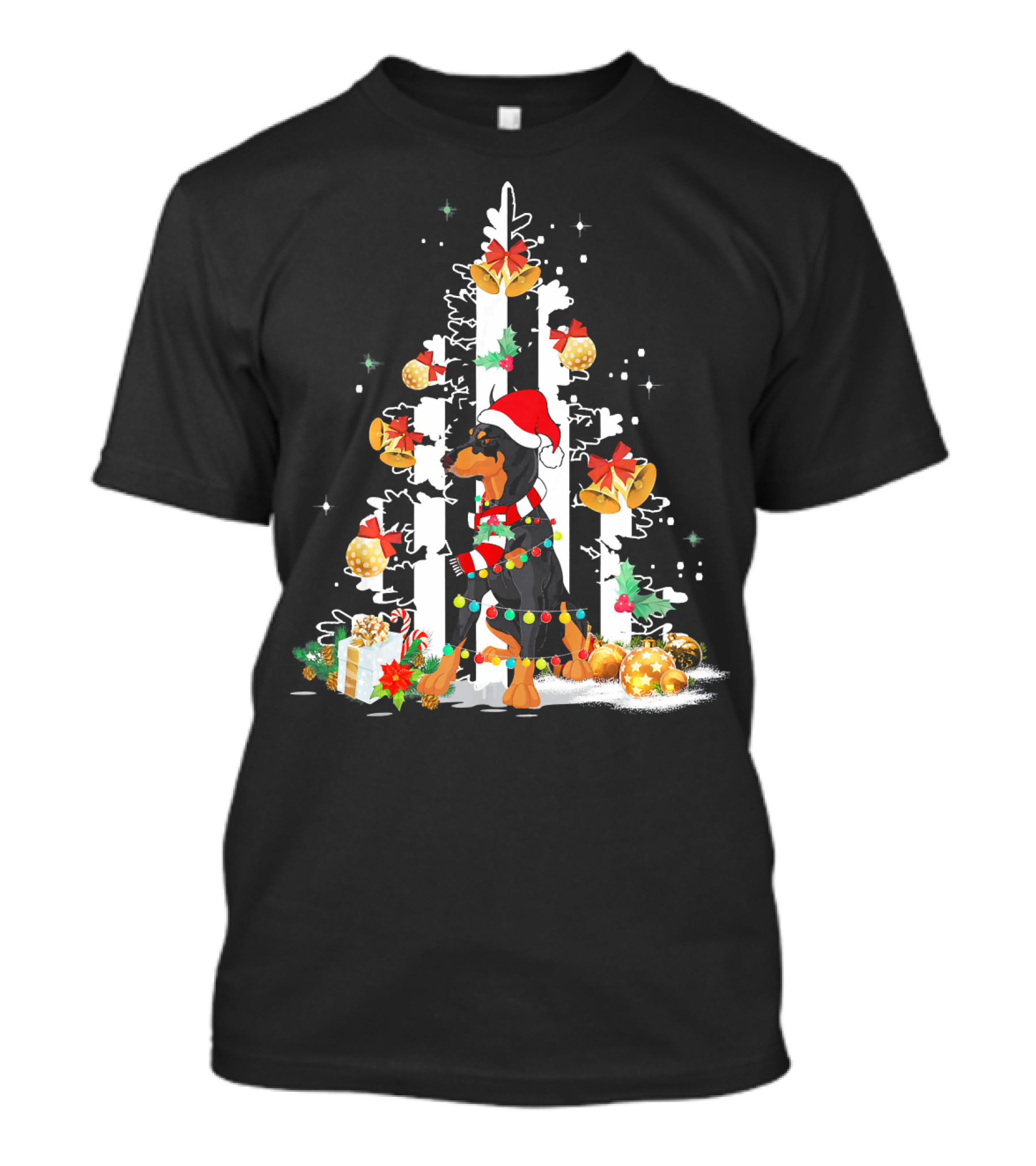 Doberman Santa Hat Christmas USA Flag Tree Bells Gifts T-Shirt