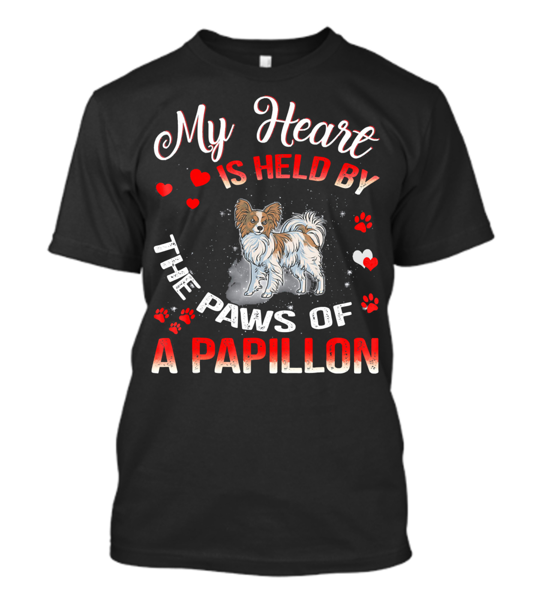 My Heart Is Held By The Paws Of A Papillon With Heart And Paw Print Accents T-Shirt