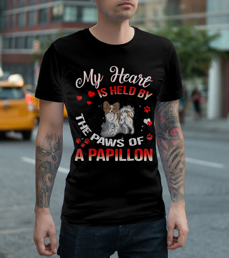 My Heart Is Held By The Paws Of A Papillon With Heart And Paw Print Accents T-Shirt