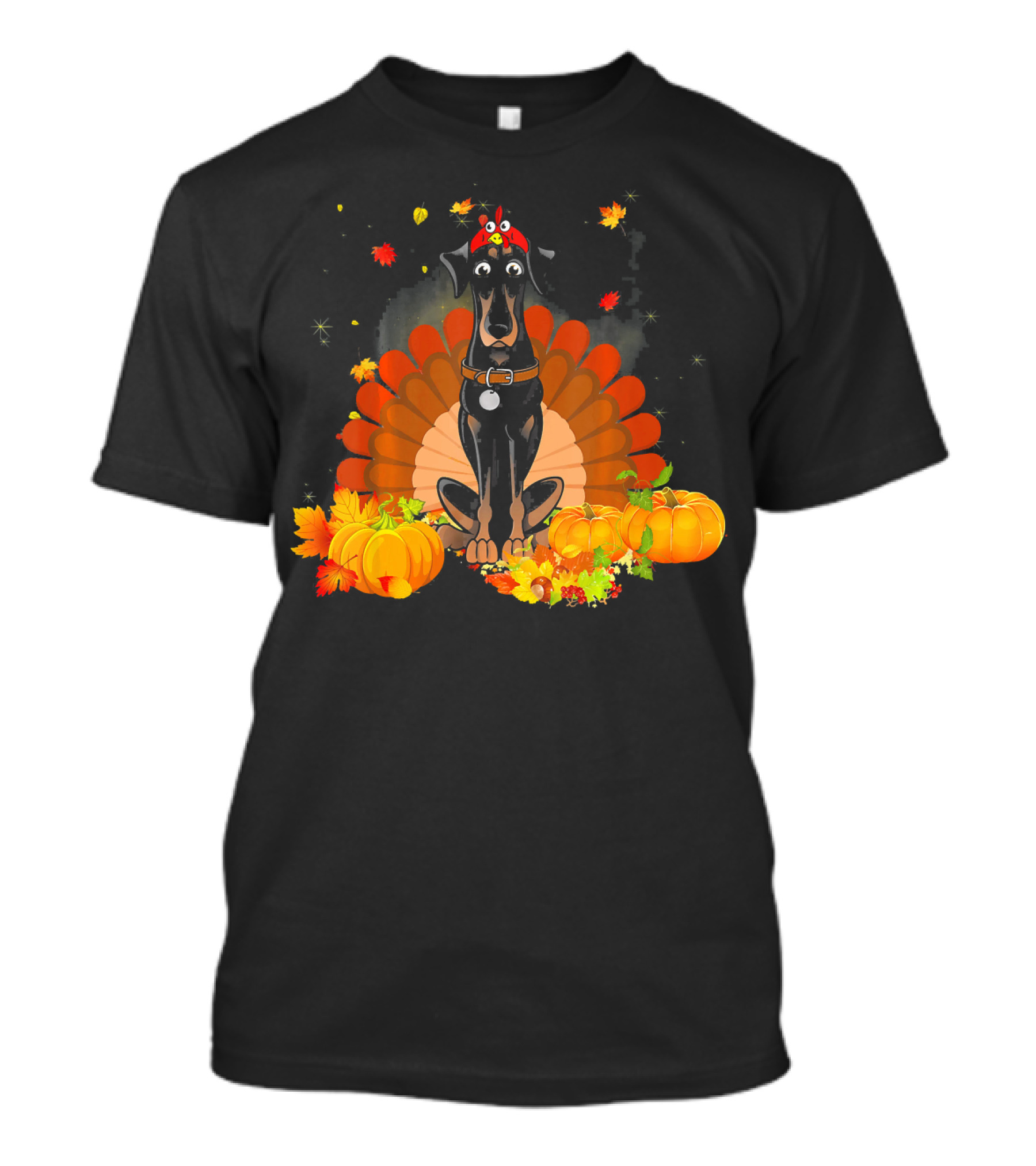 Doberman Pinscher Turkey Funny Dog With Pumpkins And Fall Leaves T-Shirt