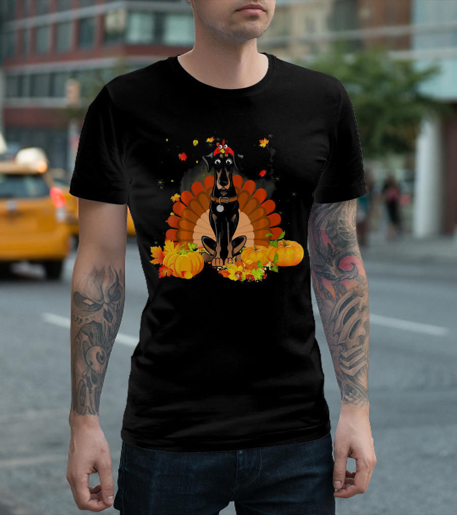 Doberman Pinscher Turkey Funny Dog With Pumpkins And Fall Leaves T-Shirt