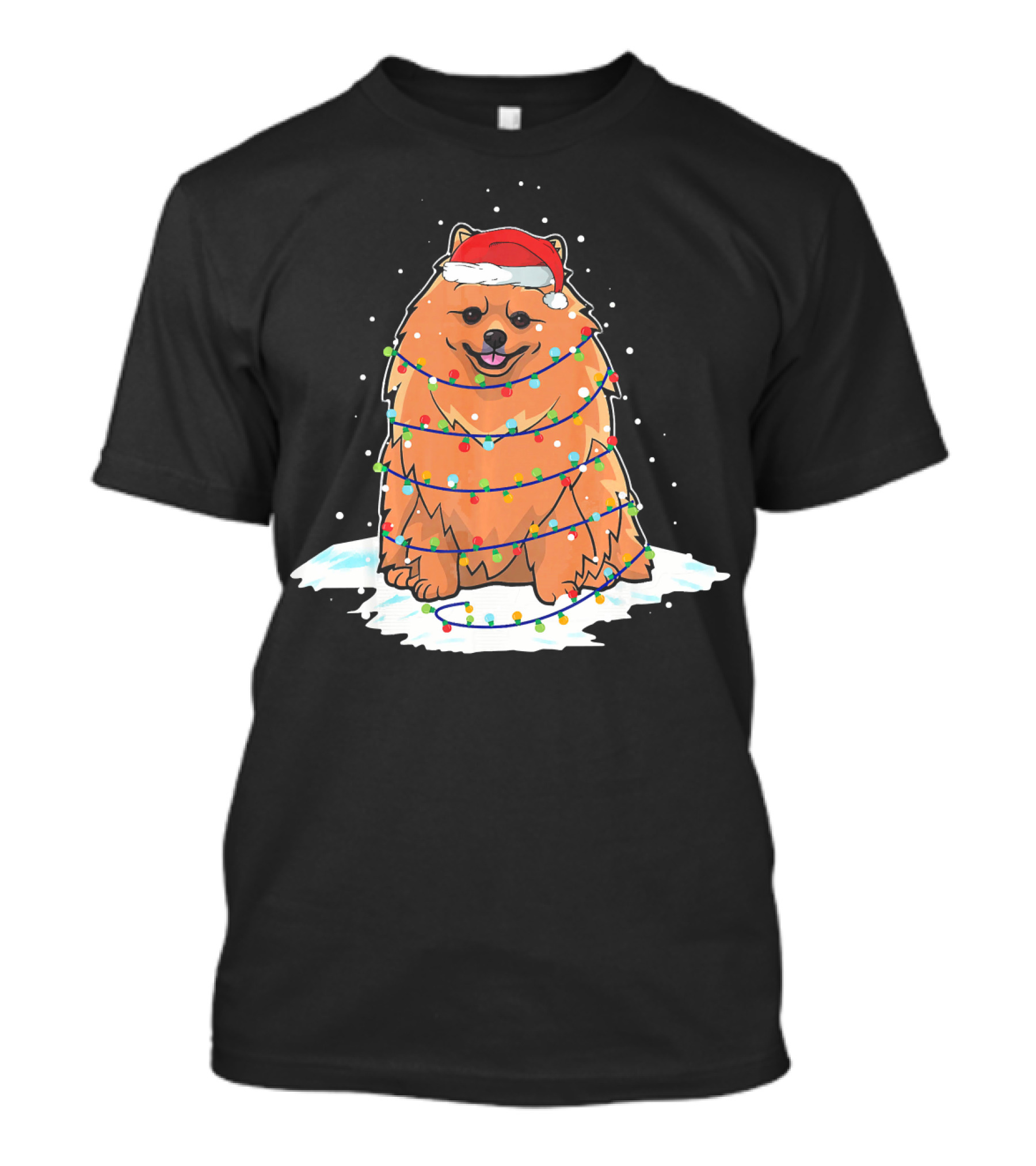 Pomeranian Santa Wrapped In Christmas Lights On Snowy Ground T-Shirt