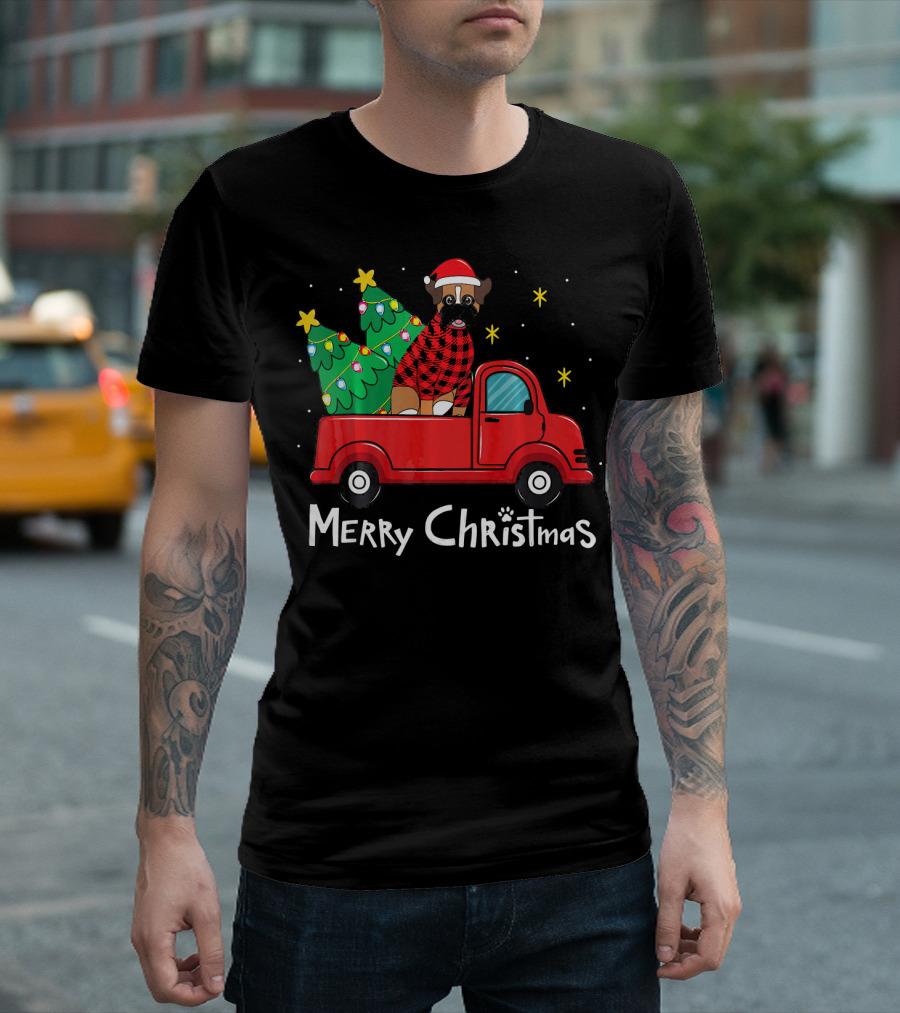 Merry Christmas Boxer Dog Red Truck Tree T-Shirt