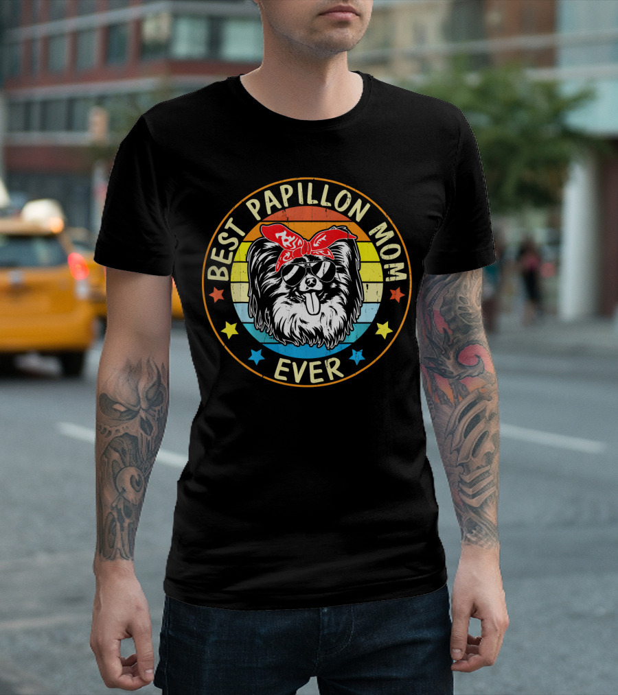 Best Papillon Mom Ever Retro Style Dog Lover Badge T-Shirt