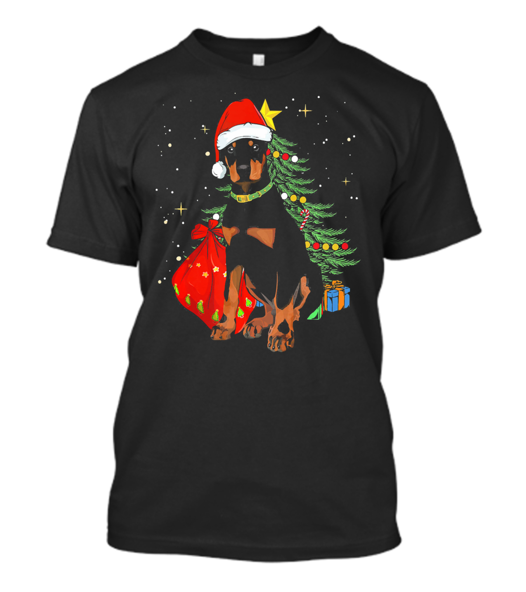 Doberman Pinscher Christmas Dog With Santa Hat And Gifts T-Shirt