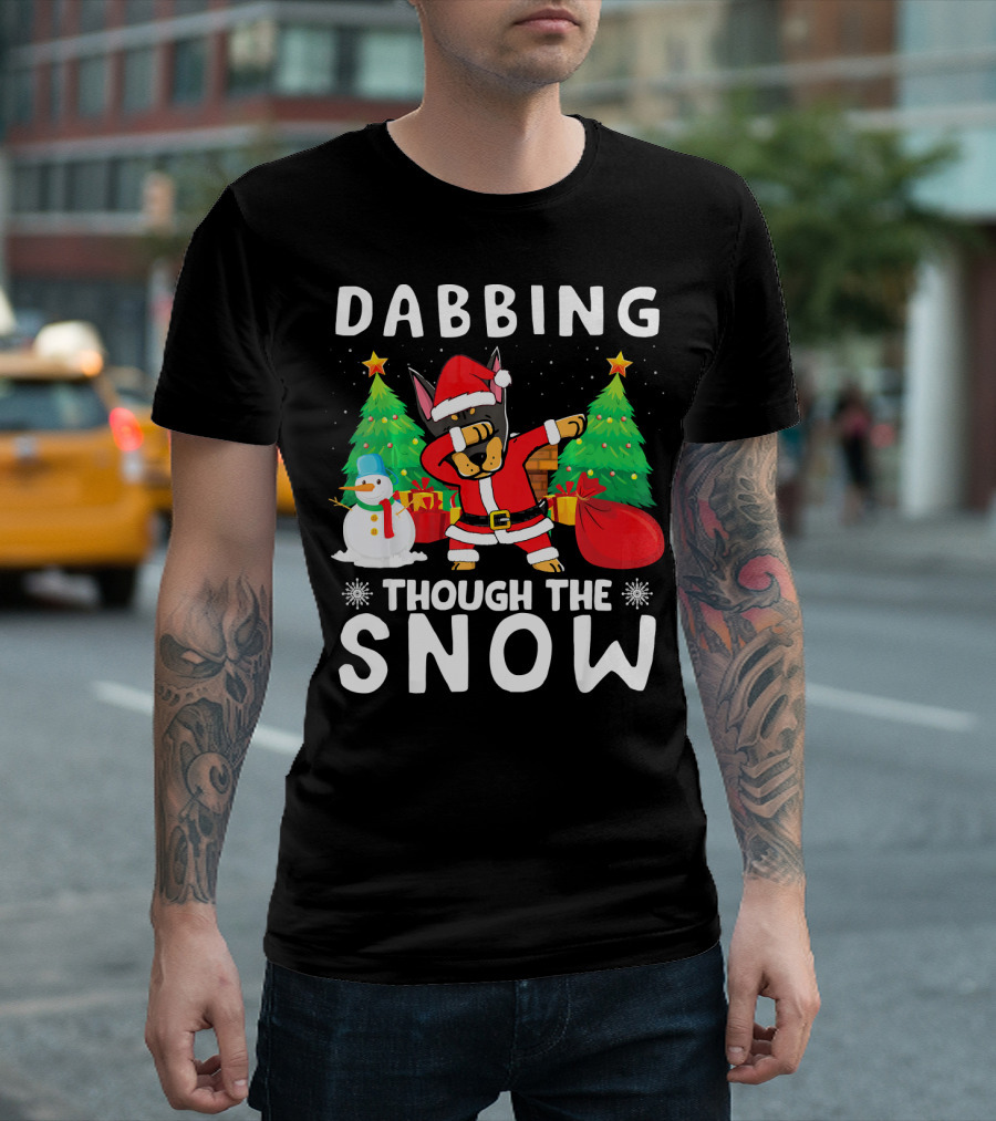 Dabbing Through The Snow Doberman Santa Christmas Scene T-Shirt
