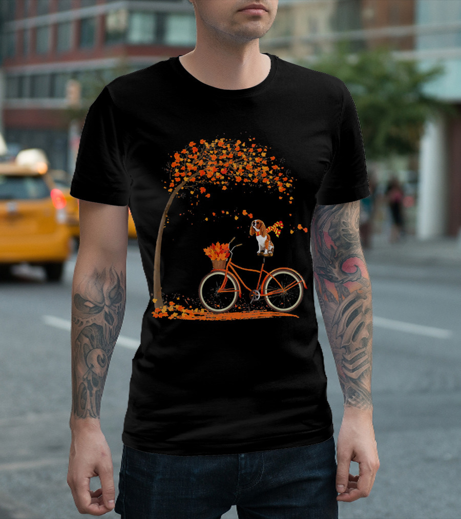 Cavalier King Charles Spaniel on Fall Bicycle with Autumn Leaves and Tree T-Shirt